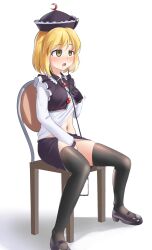 ahegao blonde_hair blush breasts chair drool earbuds empty_eyes female_only femsub hat holding_breasts legs lunasa_prismriver maozi_dan masturbation navel open_mouth phone shirt_lift skirt tech_control thighhighs thighs touhou unaware yellow_eyes rating:Questionable score:79 user:krump