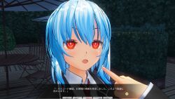 3d absurdres blue_hair custom_maid_3d_2 dialogue expressionless femsub open_mouth red_eyes robotization school_uniform swallow774 symbol_in_eyes tech_control text tie translated rating:Safe score:16 user:kegmeg