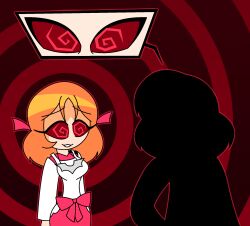 castlevania happy_trance hypnoscream hypnotic_eyes mina_hakuba orange_hair red_background red_eyes soma_cruz spiral spiral_eyes spiralwash_eyes rating:safe score: user:pencilface