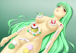 bottomless breasts bubble_dream empty_eyes femsub food green_hair happy_trance long_hair lying maid nude nyotaimori original smile topless rating:Explicit score:24 user:IDPet