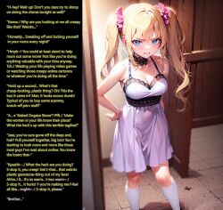 ai_art angry bare_shoulders blonde_hair blue_eyes blush breasts brother_and_sister caption choker cleavage english_text femsub hair_ornament hand_on_hip incest looking_at_viewer manip original socks stable_diffusion_(ai) text twintails rating:Explicit score:159 user:WMTX
