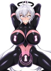 ahoge angry arms_above_head blush bodysuit boots breasts bulge chastity confused futa_only futanari futasub glowing grey_hair halo high_heels huge_breasts kuromaru latex living_costume m.u.g.e.n. null_bulge pad_lock purple_eyes rubber simple_background solo spread_legs thighhighs twintails type_96 white_background rating:Explicit score:42 user:VortexMaster