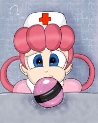 blue_eyes ditto female_only hat latexity nintendo nurse nurse_joy pink_hair pokeball pokemon pokemon_(anime) short_hair solo rating:Questionable score:42 user:CaptainCorruption