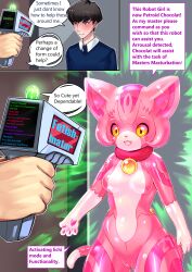 before_and_after bimbovaporeon bodysuit clothed_exposure collar consensual dialogue femsub furry hypnotic_gun light_skin looking_at_viewer maledom malesub open_mouth original pink_hair pink_sclera pink_skin pussy shirt short_hair small_breasts speech_bubble standing text tie transformation transgender yellow_eyes rating:Explicit score:25 user:OldLurker