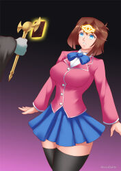 blue_eyes bow breasts brown_hair empty_eyes expressionless glowing gradient_background hadant large_breasts magic school_uniform short_hair short_skirt signature simple_background skirt tea_gardner thighhighs watermark yu-gi-oh! rating:Questionable score:23 user:TheGoodShank