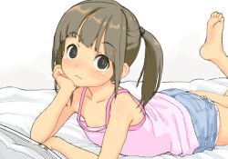  bed brown_eyes brown_hair loli looking_at_viewer piper_(manipper) ponytail shorts simple_background spiral_eyes symbol_in_eyes tank_top tech_control  rating:questionable score: user:piper