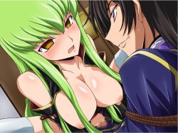 black_hair blush bondage breasts c.c. censored code_geass empty_eyes femsub green_hair large_breasts lelouch_lamperouge maledom manip open_mouth pussy_juice sol420_(manipper) sweat thighhighs turning_the_tables yamagarasu rating:explicit score: user:hypno