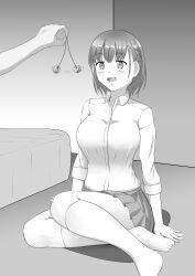 absurdres ai-chan_(tawawa_on_monday) barefoot blush breasts coin feet female_only femsub greyscale hypnorium kneeling large_breasts pendulum short_hair skirt tawawa_on_monday rating:Safe score:12 user:krump