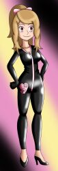  bodysuit calnero clothed female_only femsub high_heels latex nintendo pokemon pokemon_x_and_y serena solo  rating:questionable score: user:calnero