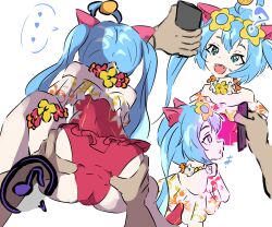  ahoge ass ass_focus ass_grab blue_eyes blue_hair dazed echiko753 fangs femsub glasses hair_ornament long_hair miku_hatsune open_mouth phone ring_eyes smile swimsuit tech_control twintails vocaloid  rating:explicit score: user:maid2burn