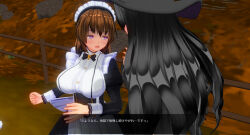 3d black_hair breasts brown_hair custom_maid_3d_2 female_only femdom femsub hat large_breasts maid purple_eyes sennoudaisuki text translated witch witch_hat rating:Questionable score:5 user:YuriLover2
