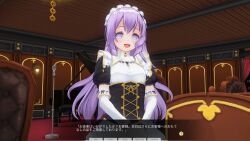 3d absurdres breasts custom_maid_3d_2 dialogue empty_eyes femsub happy_trance maid maid_headdress open_mouth purple_eyes purple_hair small_breasts smile swallow774 text translated very_long_hair rating:Questionable score:13 user:kegmeg