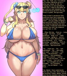 bikini blonde_hair breasts caption erect_nipples female_only femsub galko ghost13_(writer) glowing glowing_eyes huge_breasts icontrol_(manipper) long_hair manip metal_owl navel pendulum please_tell_me!_galko-chan solo standing sunglasses swimsuit text rating:questionable score: user:icontrol