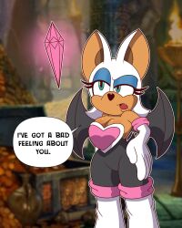  animal_ears bat_girl bat_wings clothed crystal eyelashes eyeshadow fangs female_only femdom femsub fleetway64 furry gloves glowing legs makeup open_mouth rouge_the_bat solo sonic_the_hedgehog_(series) speech_bubble standing text tongue wings  rating:explicit score: user:oscar044