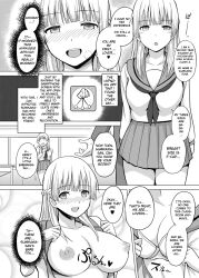 breasts cell_phone charveltiger empty_eyes exposed_chest hard_translated hypnotic_app large_breasts monochrome school_uniform tagme text translated undressing white_hair rating:Questionable score:42 user:L12@