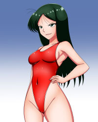  breasts collarbone corruption crayon_shin_chan female_only femsub gradient_background green_eyes green_hair hand_on_hip long_hair one-piece_swimsuit sansiki03 simple_background smile solo standing swimsuit ume_matsuzaka  rating:questionable score: user:sector92