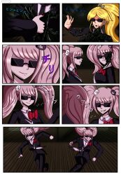 absurdres before_and_after blackwidowx blonde_hair blush boots breasts brown_hair comic corruption crimson_(stepfordcrimson) dangan_ronpa junko_enoshima large_breasts original ponytail suit sunglasses text the_matrix transformation twintails rating:Safe score:28 user:BlackWidow69x
