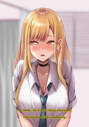 amagiri_miki blonde_hair blush breasts choker cleavage collarbone earrings embarrassed femsub hard_translated large_breasts long_hair marin_kitagawa my_dress-up_darling open_mouth red_eyes school_uniform text tie tongue translated rating:Safe score:10 user:roseateheart