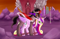 animals_only browned_toast crown femsub glowing glowing_eyes happy_trance heart hooves horns jewelry king_sombra long_hair multicolored_hair my_little_pony non-human_feet princess princess_cadance text translated wings rating:Explicit score:10 user:Poinger
