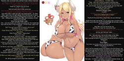 ass bikini blonde_hair breast_sucking breasts caption cleavage cow_girl dark_skin elf_ears female_only femdom femsub horns huge_breasts jjmayoboy_(manipper) kuavera lactation large_ass manip milk smile tagme text yuri rating:Questionable score:95 user:JJMayoBoy