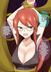 arms_above_head bondage breasts brown_eyes cleavage dialogue female_only femsub glasses hard_translated large_breasts lorelei na_shacho nintendo pokemon pokemon_(creature) pokemon_firered_and_leafgreen red_hair text translated rating:Questionable score:25 user:Zyfire