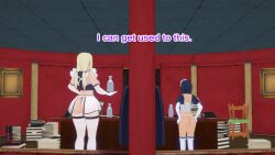 3d ass black_hair blonde_hair clothed clothed_exposure dialogue dogdog english_text femsub maid maid_headdress maledom milk multiple_girls multiple_subs naruto_(series) shizune text tray tsunade rating:Explicit score:3 user:Bootyhunter69