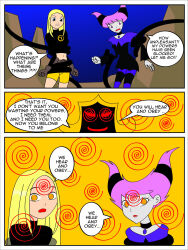 black_hair blonde_hair choker coils comic dc_comics evil_smile expressionless femdom femsub hypnotic_mirror jimryu jinx midriff mirror multicolored_hair multiple_girls multiple_subs necklace open_mouth pink_eyes pink_hair resisting shorts simple_background smile spiral spiral_eyes super_hero symbol_in_eyes teen_titans tentacles terra text rating:Questionable score:87 user:AngelCam7