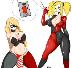 absurdres alternate_costume antenna batman_(series) black_canary blonde_hair blue_eyes bondage breast_expansion breasts collar corruption corset dc_comics dildo enemy_conversion evil_smile female_only femdom femsub fishnets happy_trance harley_quinn large_breasts long_hair mixx54 open_clothes open_mouth remote_control sex_toy smile super_hero tattoo tech_control twintails vibrator western rating:Explicit score:99 user:solddate