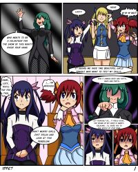 blue_hair comic dialogue dress empty_eyes fairy_tail femdom femsub green_hair hypnotized_assistant idpet jade_(idpet) lucy_heartfilia multiple_girls multiple_subs original red_hair sherria_blendy stage_hypnosis text wendy_marvell rating:Safe score:47 user:IDPet