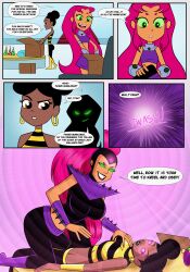 alternate_costume black_hair brown_eyes bumblebee_(teen_titans) comic corruption dc_comics dialogue english_text evil_smile female_only femdom femsub green_eyes green_sclera long_hair multiple_girls open_mouth orange_skin polmanning red_hair short_hair speech_bubble spiral_eyes starfire super_hero tech_control teen_titans teen_titans_go! text tongue western rating:Questionable score:120 user:solddate