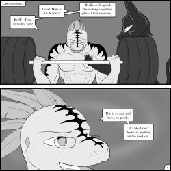 cat_boy closed_eyes comic egyptian empty_eyes exercise flexing furry glasses greyscale gym himbo himbofication immelmann immelmann_(immelmann) male_only maledom malesub mask monochrome muscle_boy open_mouth original simple_background text weightlifting rating:Safe score:16 user:greasyi