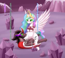 absurdres animals_only browned_toast crown femsub glowing glowing_eyes happy_trance heart hooves horns jewelry king_sombra long_hair multicolored_hair my_little_pony non-human_feet princess_celestia text translated wings rating:Explicit score:11 user:Poinger