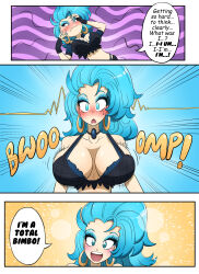 bimbofication blue_eyes blue_hair blush breast_expansion breasts cleavage comic dialogue earrings empty_eyes female_only femsub happy_trance kobi94 large_breasts open_mouth original resisting smile solo spiral_eyes sweat text rating:Questionable score:144 user:Jabberwocky