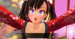 3d blue_eyes blush brown_hair crossed_eyes female_only femsub japanese_clothing kamen_writer_mc kimono mc_trap_town multiple_girls screenshot text twintails rating:Questionable score:7 user:Amazingbrahjr