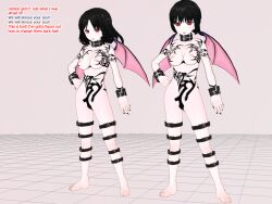 3d 3d_custom_girl bat_wings black_hair breasts collar demon_girl henshin-san multiple_girls nude red_eyes short_hair simple_background tattoo text wrist_band rating:Explicit score:3 user:RayX