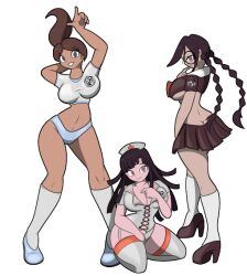 aoi_asahina arms_above_head ass bangs black_hair braid breasts brown_eyes brown_hair chaoscroc cleavage dangan_ronpa female_only femsub finger_to_mouth garter_straps glasses gym_uniform hand_on_head high_heels kneehighs kneeling long_hair looking_at_viewer mikan_tsumiki multiple_girls multiple_subs navel nurse panties ponytail school_uniform sideboob skirt standing thighhighs touko_fukawa transparent_background twintails underboob  rating:questionable score: user:sonicfan150