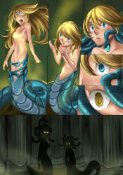 absurdres age_regression blonde_hair bottomless breasts comic corruption female_only femsub gorgon ibenz009 long_hair naga_girl open_mouth original slit_pupils snake snake_girl snake_hair topless transformation rating:Questionable score:44 user:sk00