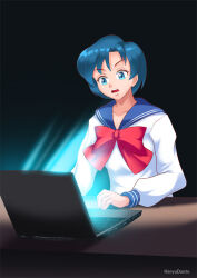 blue_hair breasts computer female_only gradient_background hadant large_breasts open_mouth sailor_mercury sailor_moon_(series) school_uniform short_hair signature simple_background solo watermark rating:Questionable score:10 user:TheGoodShank