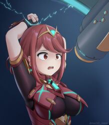  arms_above_head bondage breasts brown_eyes clothed maozi_dan nintendo open_mouth pyra_(xenoblade) red_hair restrained xenoblade_chronicles xenoblade_chronicles_2  rating:questionable score: user:zzzzzulu