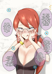 blush breasts brown_eyes cleavage dialogue female_only femsub glasses hard_translated large_breasts lorelei na_shacho nintendo pokemon pokemon_firered_and_leafgreen red_hair sweat text translated rating:Questionable score:34 user:Zyfire