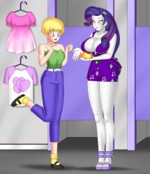 blonde_hair blue_eyes bluebullpen breasts cleavage crossover dragon_ball earrings equestria_girls erasa femsub hypnotic_accessory jewelry large_breasts long_hair my_little_pony necklace purple_hair rarity short_hair symbol_in_eyes unaware western white_skin rating:Questionable score:58 user:daveyboysmith9