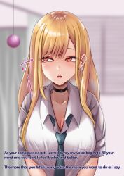 amagiri_miki blonde_hair blush breasts choker cleavage collarbone earrings empty_eyes expressionless femsub hard_translated large_breasts long_hair maledom marin_kitagawa my_dress-up_darling open_mouth pendulum red_eyes school_uniform text tie tongue translated rating:Safe score:19 user:roseateheart