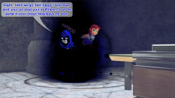 aware cloak clothed dc_comics dialogue dogdog english_text female_only goth green_eyes grey_skin magic multiple_girls portals purple_eyes raven red_hair starfire text rating:Safe score:1 user:Bootyhunter69