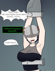 angry arms_above_head black_hair blue_eyes bondage breasts comic femsub helmet lucy_kuo mind_break restrained tech_control text thesalazar rating:questionable score: user:jimin