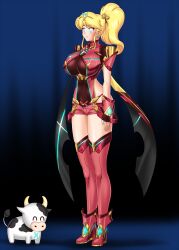blonde_hair bluebullpen breasts clothed cow crimson_(stepfordcrimson) expressionless femsub fingerless_gloves gloves hypnotic_accessory large_breasts nintendo original ponytail pyra_(xenoblade) spiral_eyes standing standing_at_attention symbol_in_eyes tiny_cow_(blessedbycows) xenoblade_chronicles xenoblade_chronicles_2 rating:Questionable score:173 user:Blessedbycows
