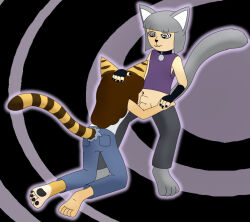 androgynous brown_hair cat_boy chi-chi collar devin_neko fellatio furry grey_hair kneeling malesub oral original paws penis spiral_eyes symbol_in_eyes tail tail_growth torn_clothes transformation rating:explicit score: user:devinneko