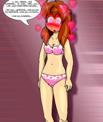 bikini blush expressionless femsub heart karma-x love magic mantra maxine_mars_(vcfgr) open_mouth original pink_eyes ring_eyes sketch standing standing_at_attention symbol_in_eyes text underwear vcfgr rating:Questionable score:110 user:KarmaX