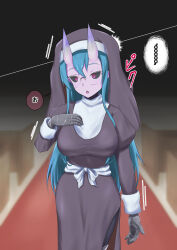 blue_hair demon_girl femsub glasses headdress long_hair monster_girl na_shacho nun original purification purple_skin text translated rating:Questionable score:13 user:Mattlau04