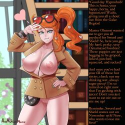 absurdres aestheticc-meme bottomless breasts breasts_outside caption empty_eyes female_only femsub ghost13_(writer) glasses green_eyes hand_on_hip happy_trance heart icontrol_(manipper) large_breasts looking_at_viewer manip nintendo nipples open_clothes orange_hair pokemon pokemon_sword_and_shield pussy pussy_juice side_ponytail smile solo sonia_(pokemon) text rating:Explicit score:109 user:Icontrol
