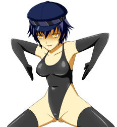 blue_hair blush boots breasts corruption femsub gloves haigure happy_trance large_breasts leotard naoto_shirogane open_mouth opera_gloves persona_(series) persona_4 shadow_naoto short_hair simple_background thigh_boots yellow_eyes rating:Questionable score:15 user:Sleepyhead97